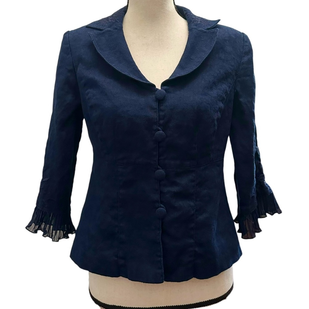 Plaza South Petite Blazer 10P Dark Blue Ruffle Embroidered Jacket